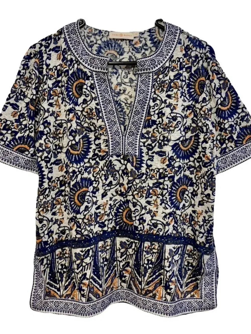 Tory Burch Navy, Cream & Tan Floral Embroidered Short Sleeve Tunic